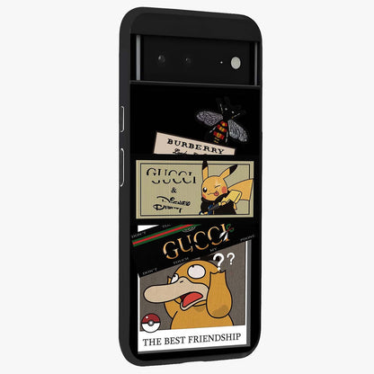Gucci Play Mashup Glass Case upright view showcasing trendy luxury inspired artwork with modern fashion theme.