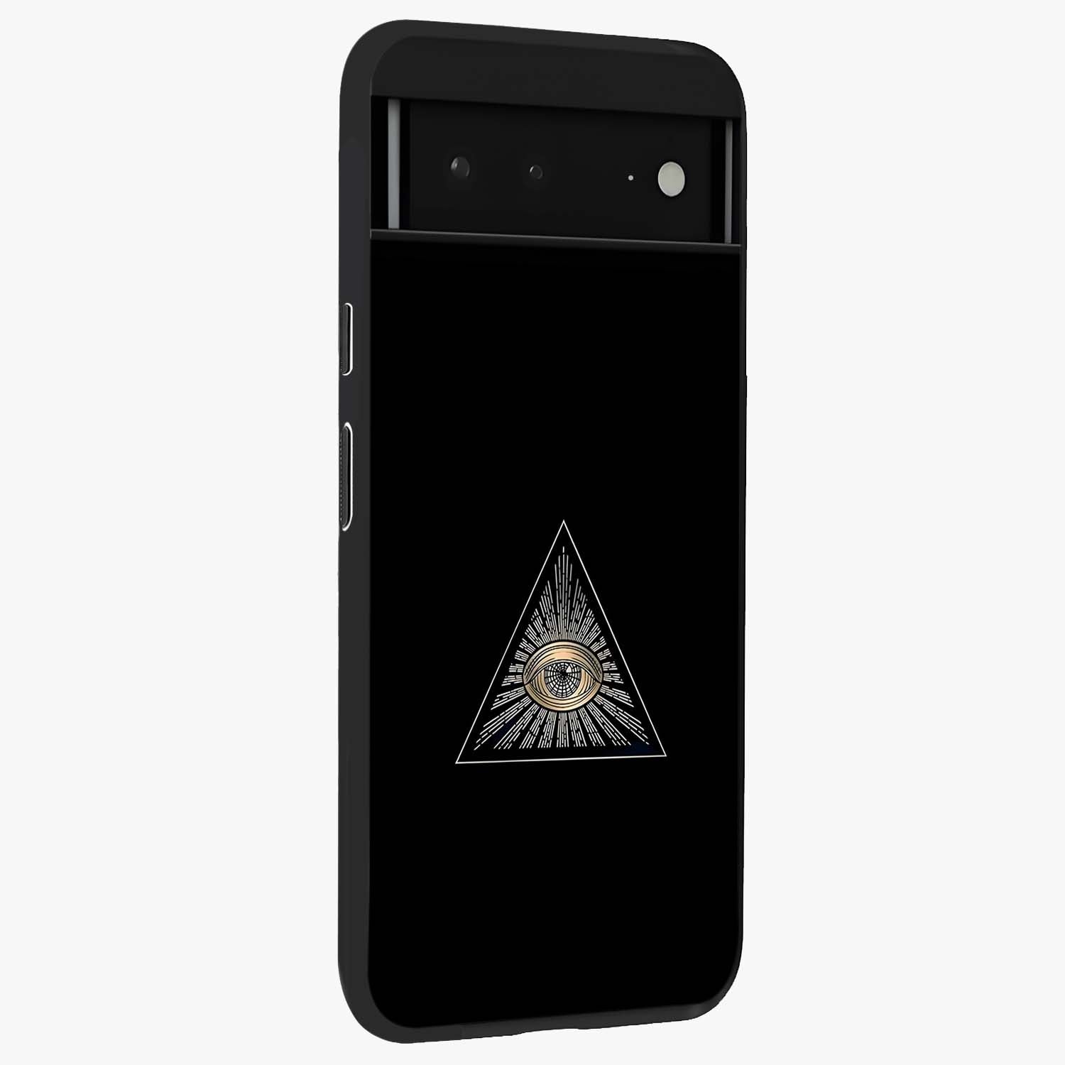 Illuminati Evil Glass Case upright view showcasing striking illuminati artwork with mysterious symbolic theme.