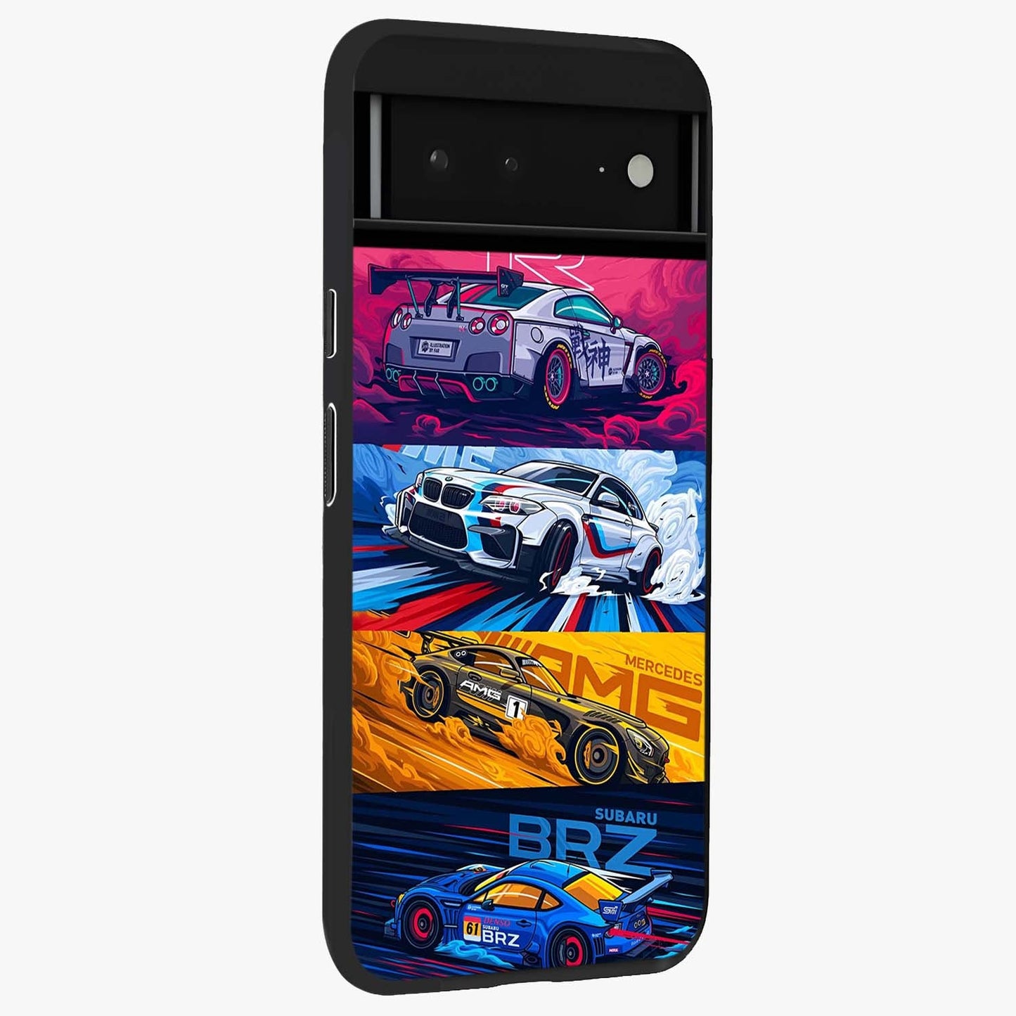 JDM Sports Car Glass Case upright view showcasing dynamic sports car artwork with bold racing theme.