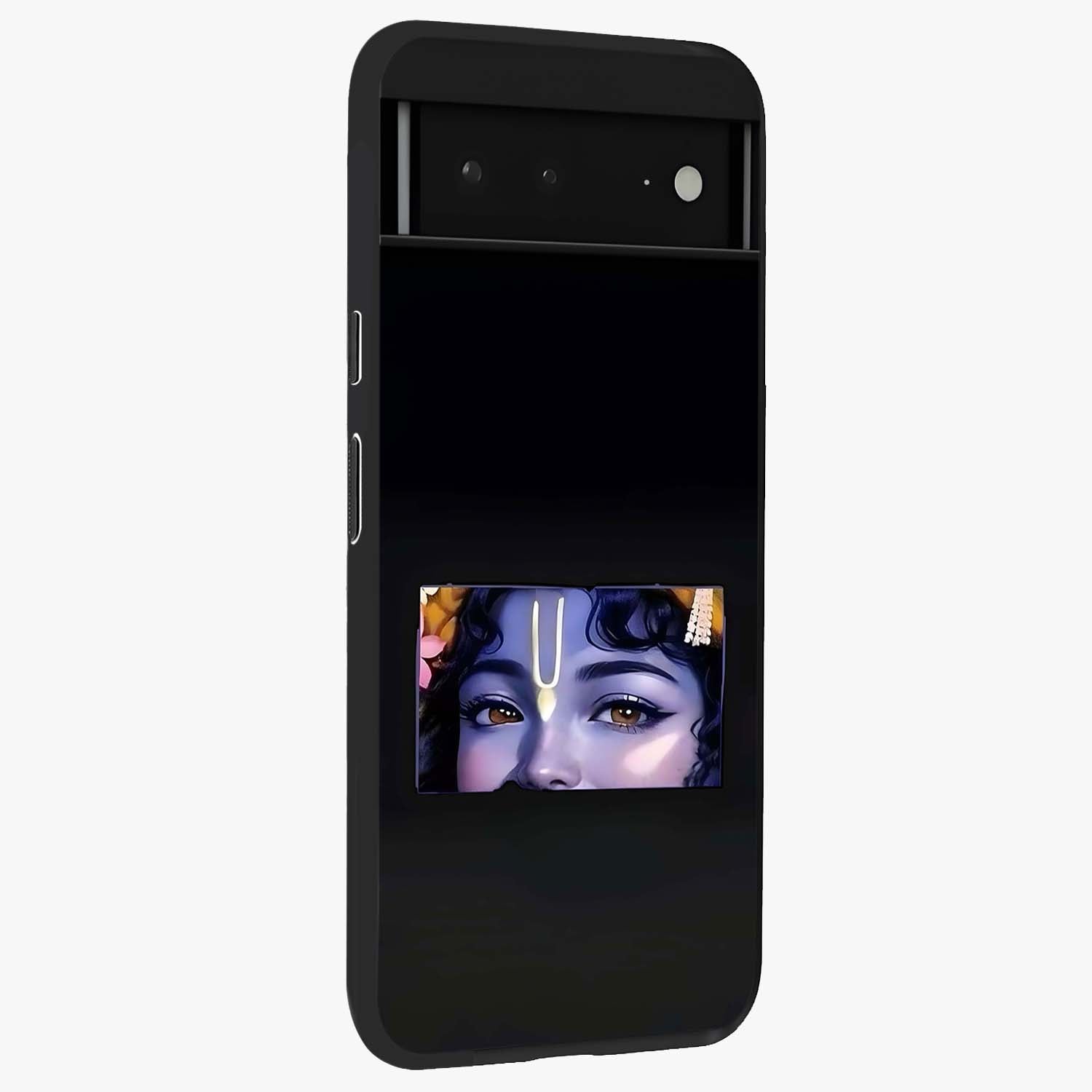 Krishna Divine Embrace Glass Case upright view showcasing sacred Krishna artwork with peaceful devotional theme.
