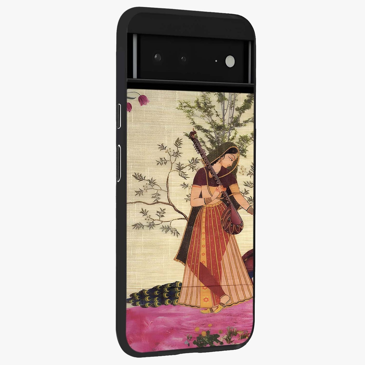 Lady With Veena Art Glass Case upright view showcasing classical veena artwork with traditional artistic theme.