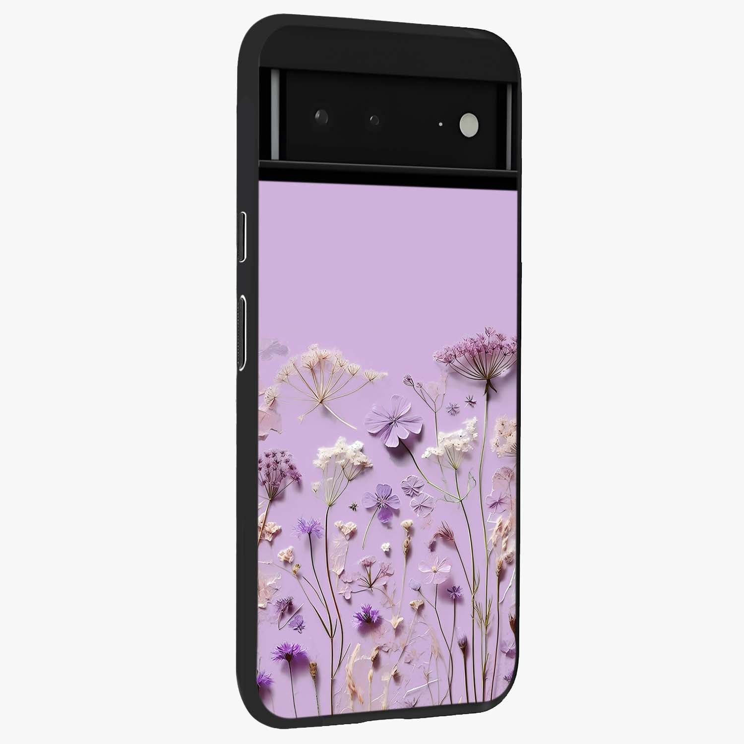 Lavender Blossom Dream Glass Case upright view showcasing delicate lavender blossom artwork with peaceful floral theme.