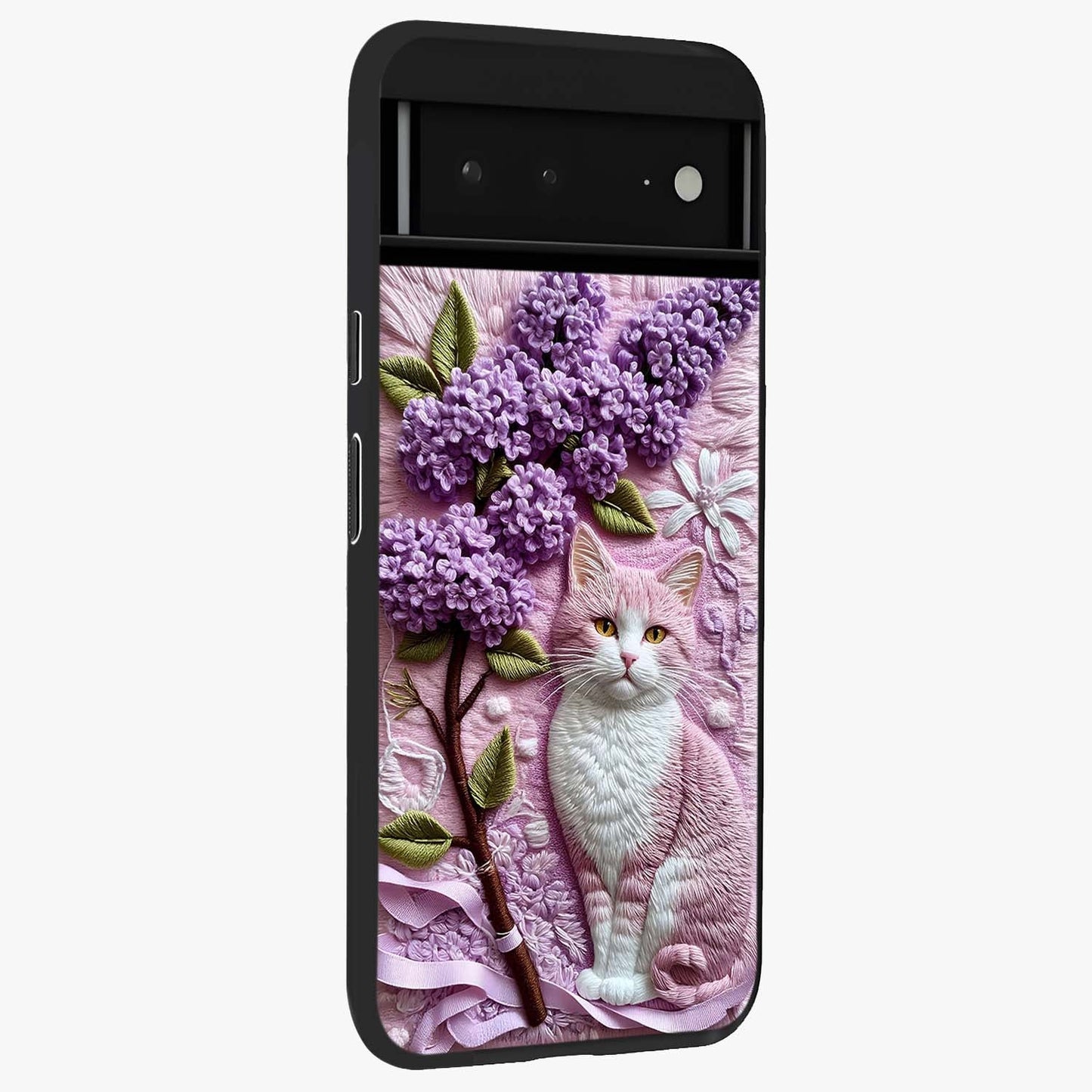 Lavender Cat Whimsy Glass Case upright view showcasing charming cat artwork with whimsical lavender theme.