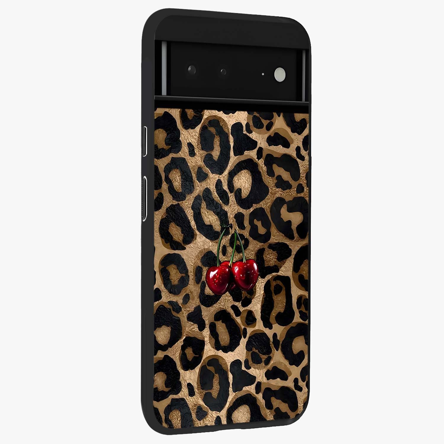 Leopard Wild Cherry Glass Case upright view showcasing stylish leopard pattern artwork with trendy fashion theme.