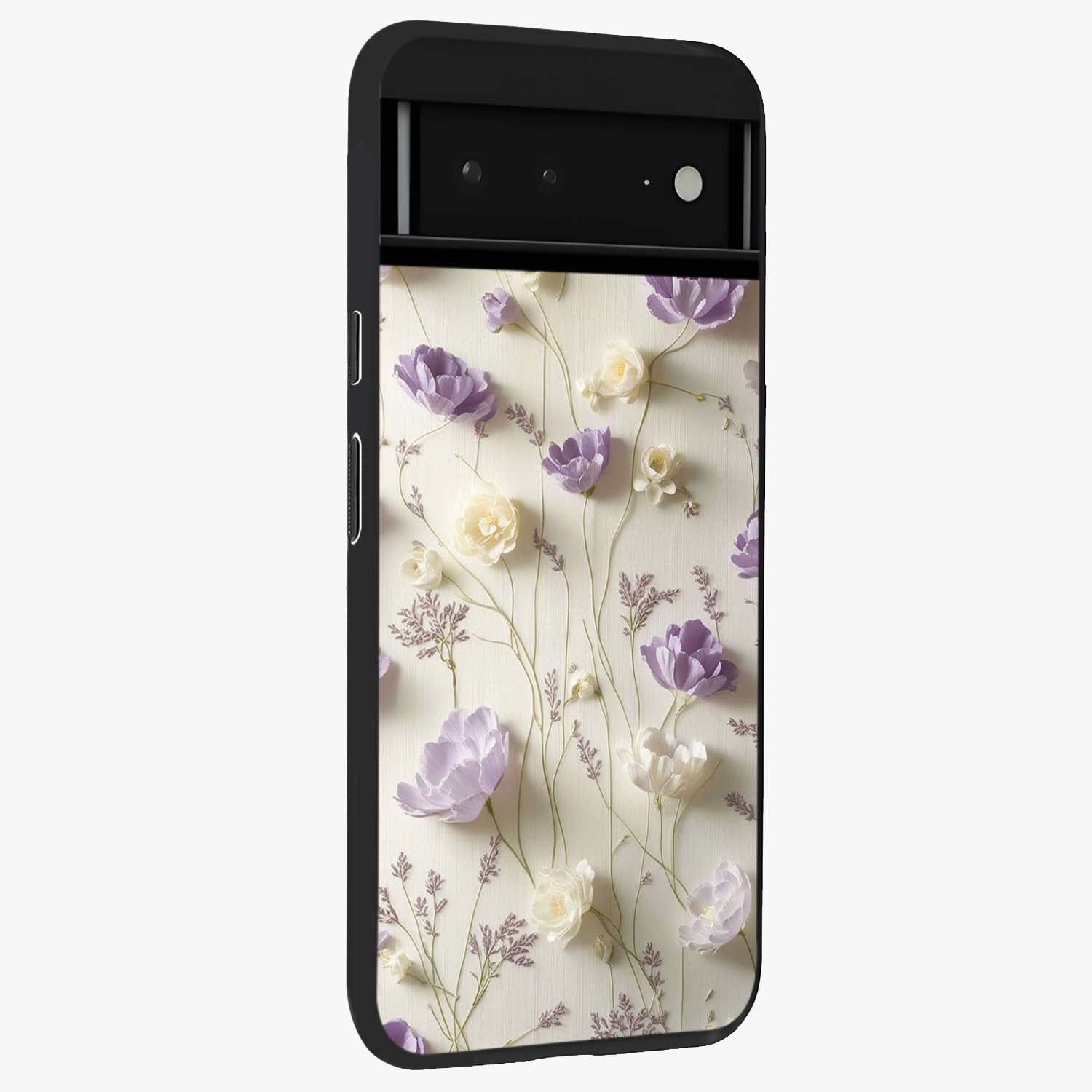 Lilac Breeze Harmony Glass Case upright view showcasing delicate lilac artwork with peaceful floral theme.