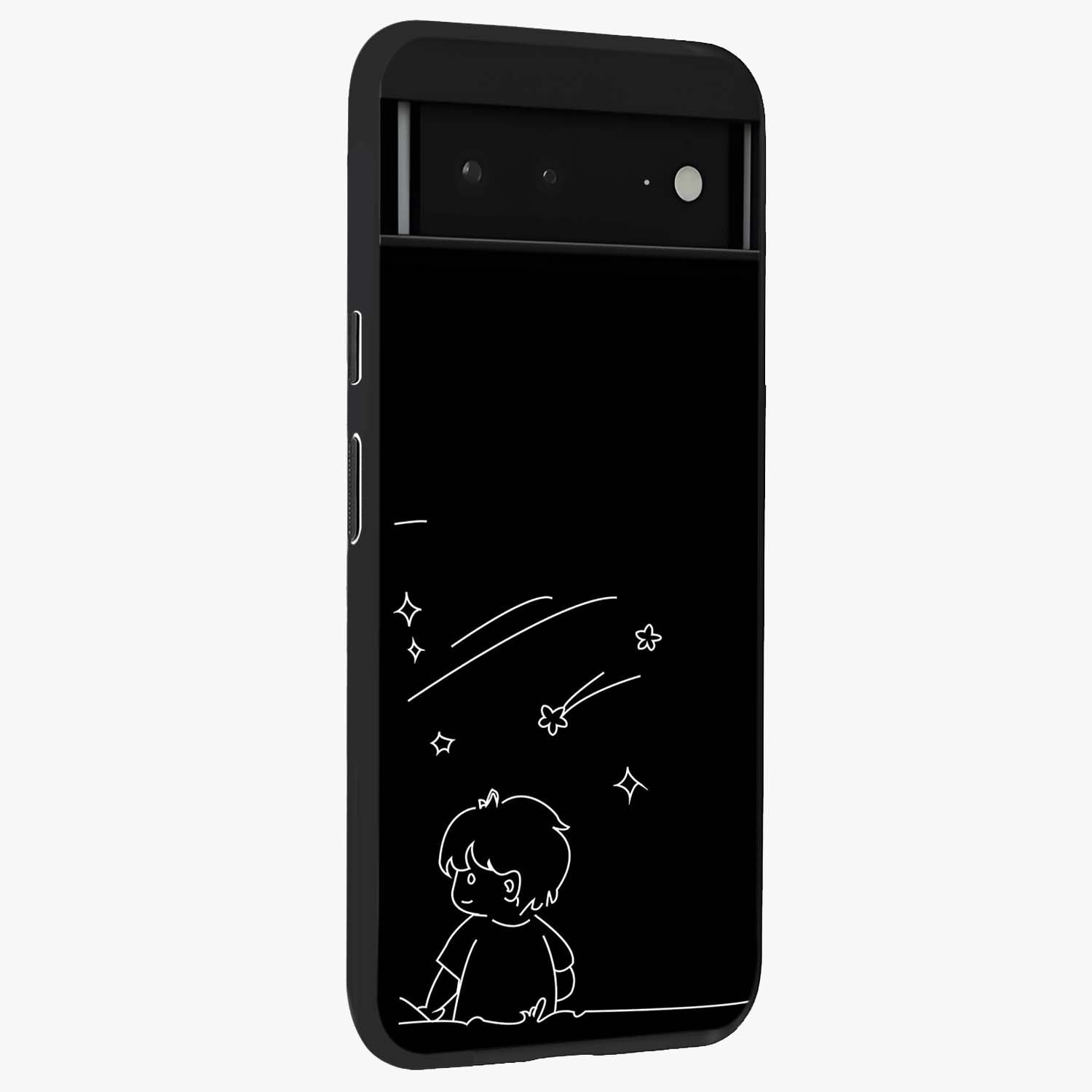 Line Art Boy With Shooting Stars Glass Case upright view showcasing artistic shooting star illustration with minimal style.