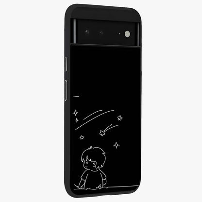 Line Art Boy With Shooting Stars Glass Case upright view showcasing artistic shooting star illustration with minimal style.