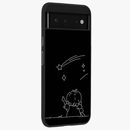 Line Art Girl With Shooting Stars Glass Case upright view showcasing delicate shooting stars artwork with minimal artistic theme.