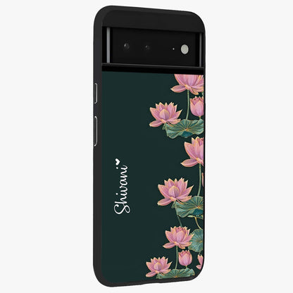 Lotus Bloom Serenity Custom Name Glass Case upright view showcasing serene lotus bloom artwork with personalized floral aesthetic.