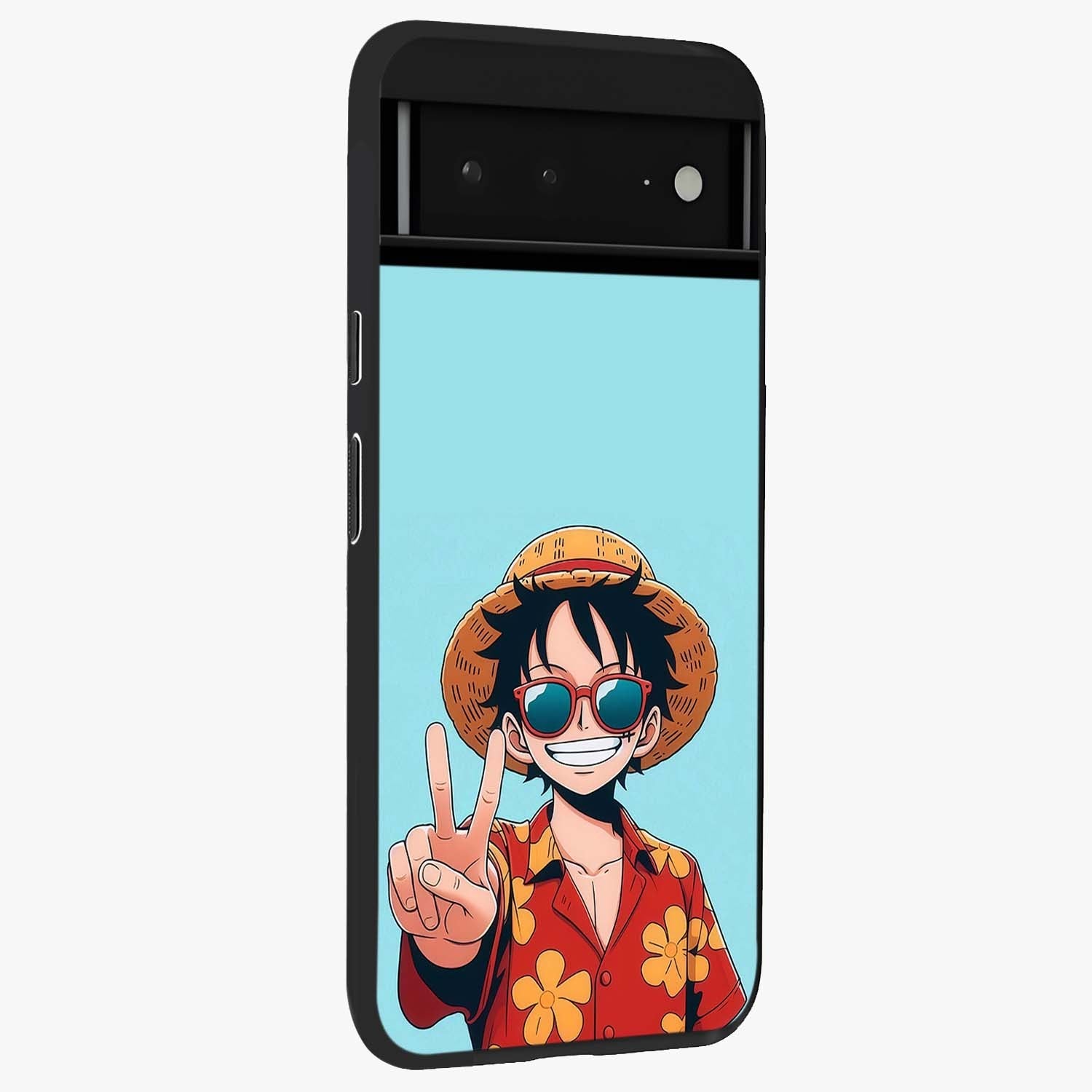Luffy Summer Anime Vibe Glass Case upright view showcasing dynamic anime artwork with bright adventurous theme.