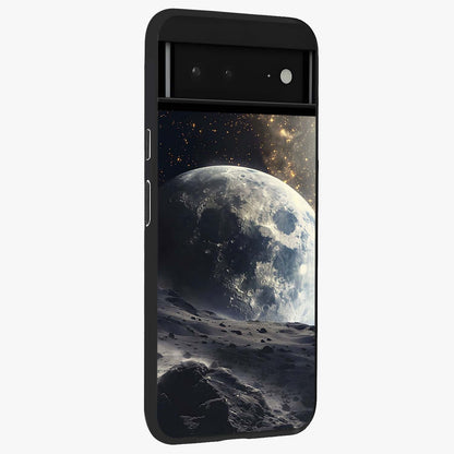 Lunar Horizon Glow Glass Case upright view showcasing radiant lunar artwork with calm cosmic theme.