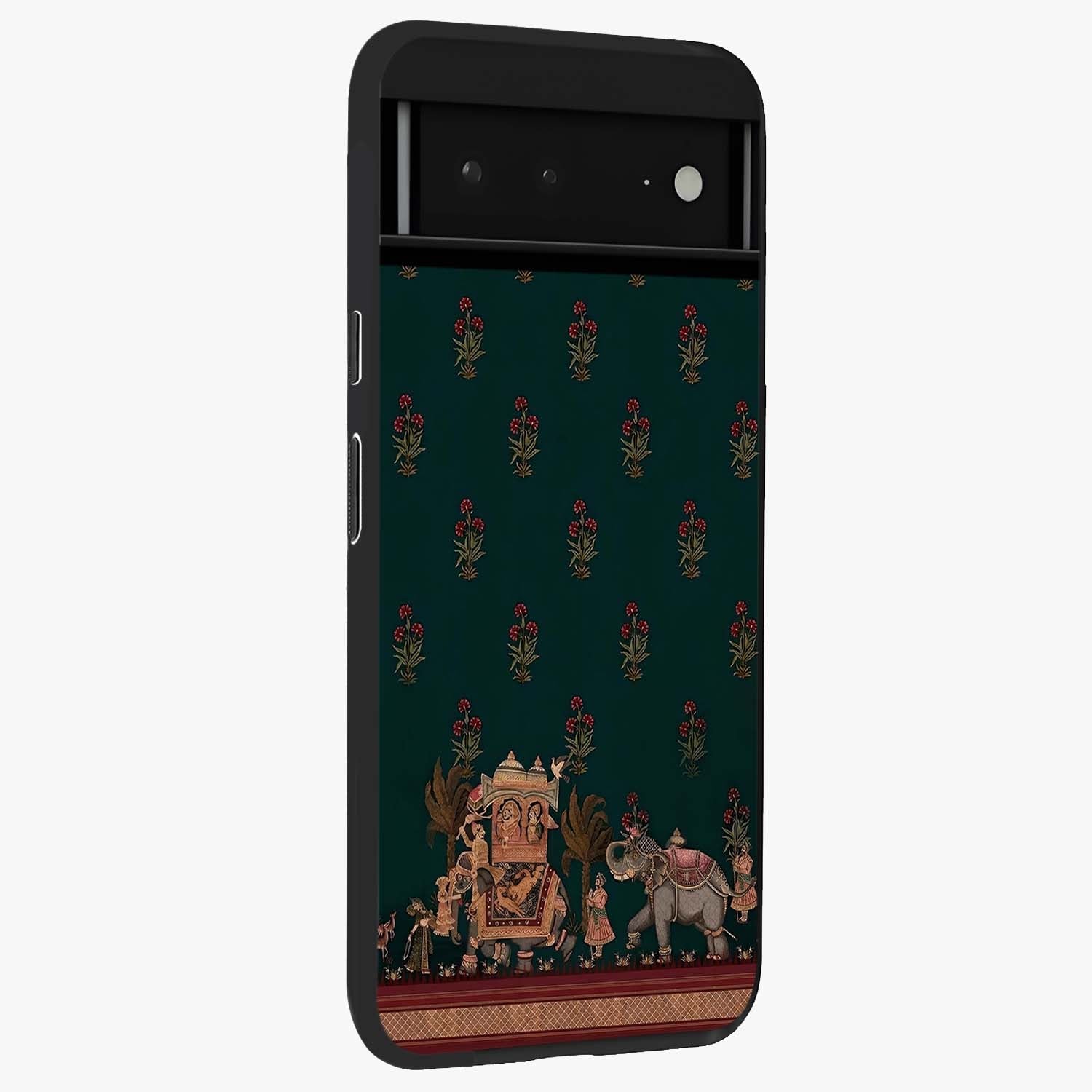 Macmerise Glass Case upright view showcasing bold artistic artwork with contemporary design theme.