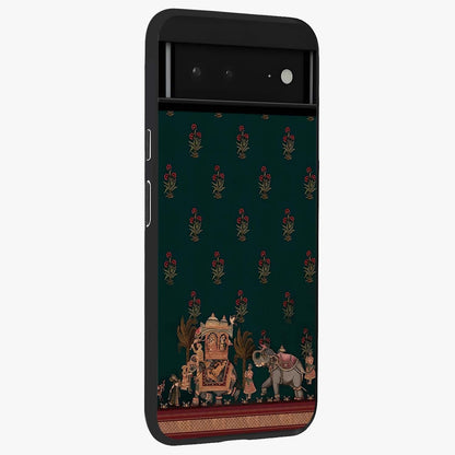 Macmerise Glass Case upright view showcasing bold artistic artwork with contemporary design theme.