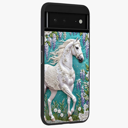 Majestic Floral Stallion Glass Case upright view showcasing dramatic horse artwork with decorative floral theme.