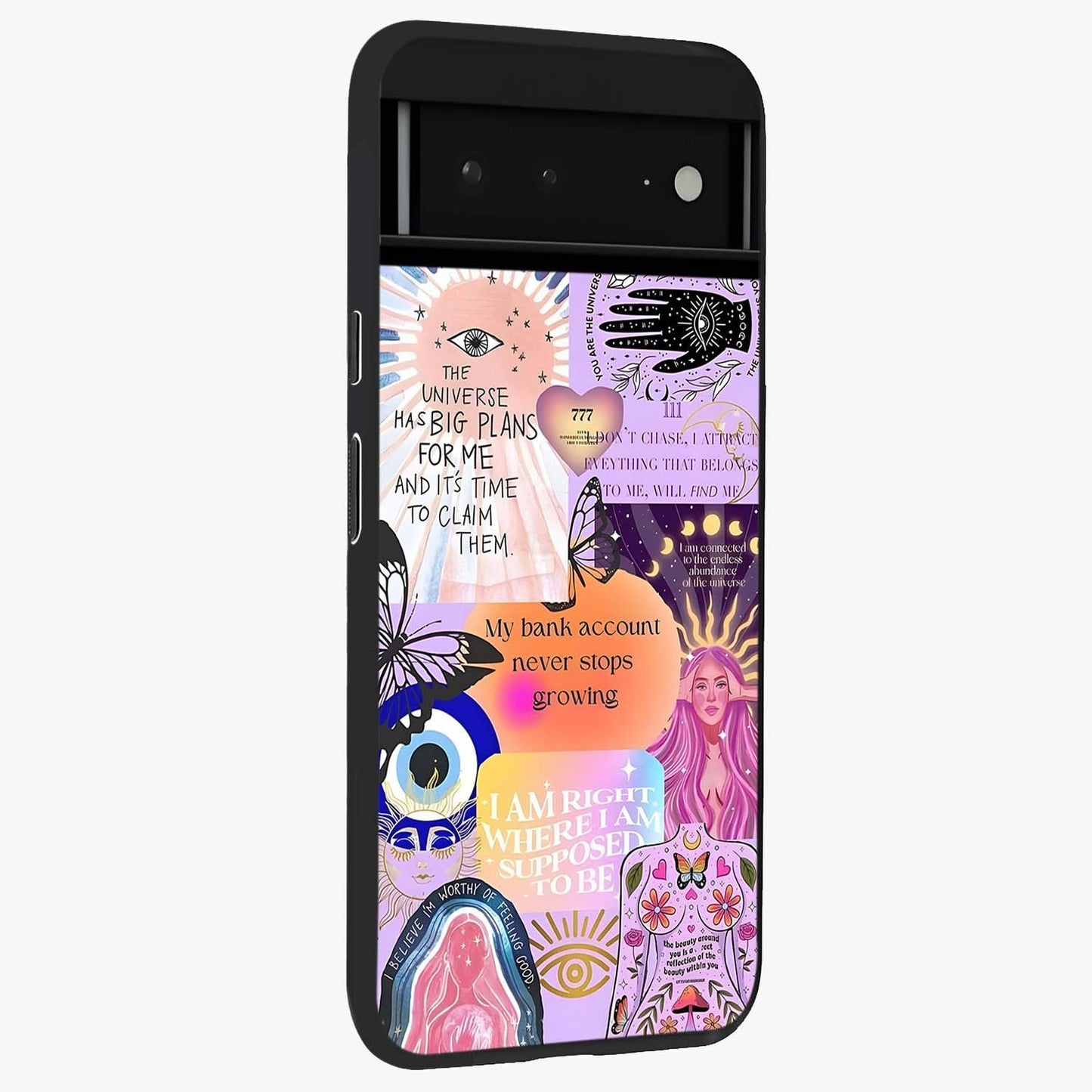 Manifestation Collage Glass Case upright view showcasing artistic manifestation themed artwork with creative style.