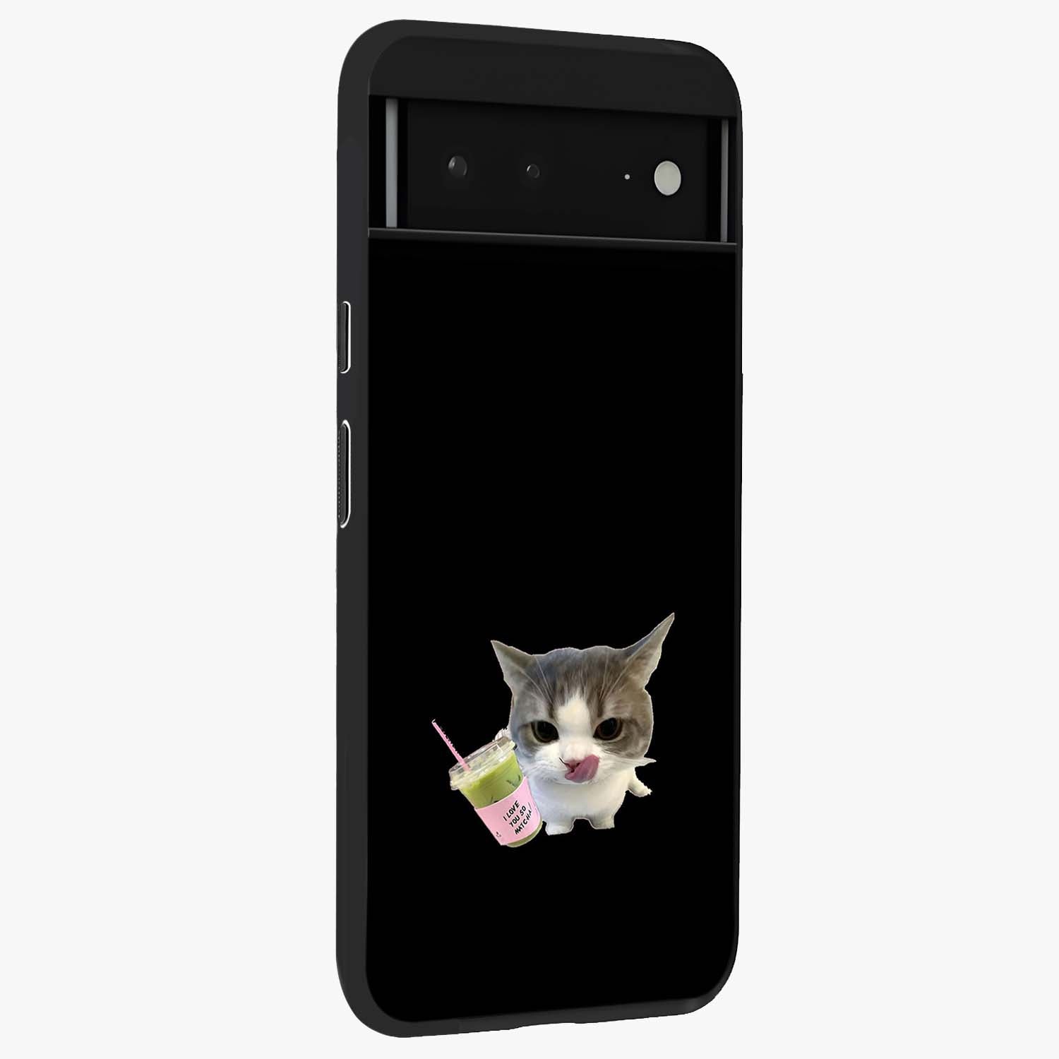 Matcha Cat Style Glass Case upright view showcasing charming cat artwork with cozy aesthetic theme.