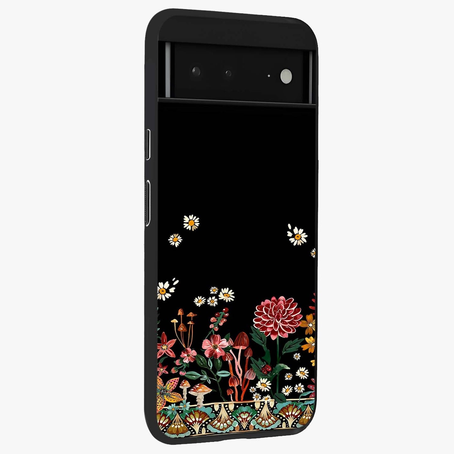 Midnight Bloom Pattern Glass Case upright view showcasing decorative floral artwork with deep night themed palette.