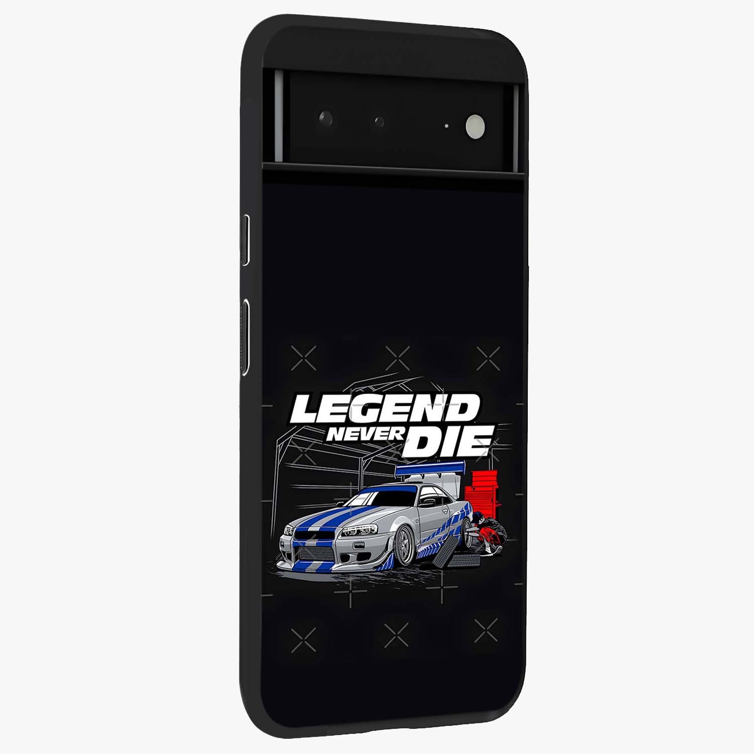 Midnight Racing Legacy Glass Case upright view showcasing powerful racing artwork with modern sports theme.