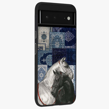 Midnight Stallion Blues Glass Case upright view showcasing dramatic horse artwork with bold artistic theme.