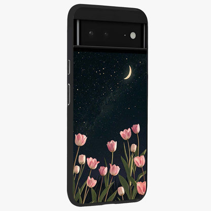 Midnight Tulip Whispers Vibe Glass Case upright view showcasing graceful tulip artwork with calm botanical theme.