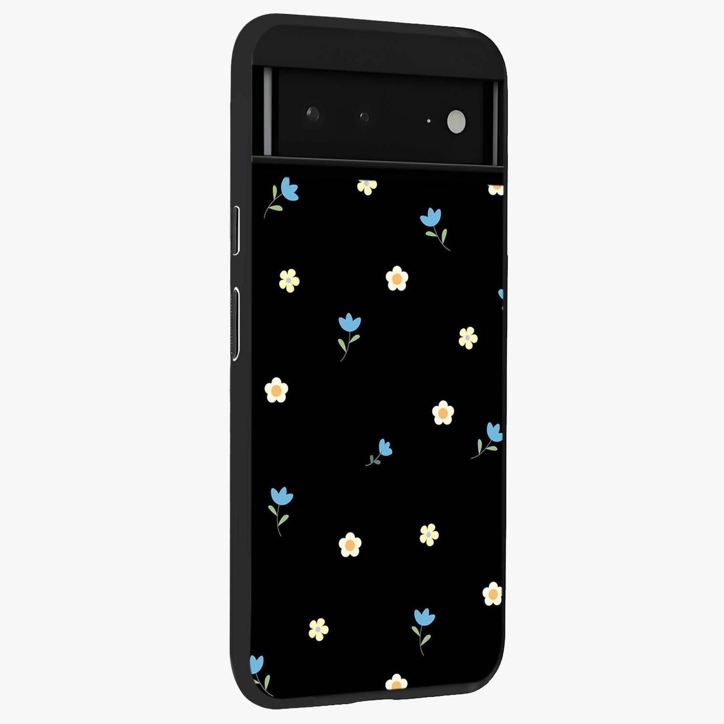 Minimal Petal Whispers Glass Case upright view showcasing elegant floral artwork with modern minimalist style.