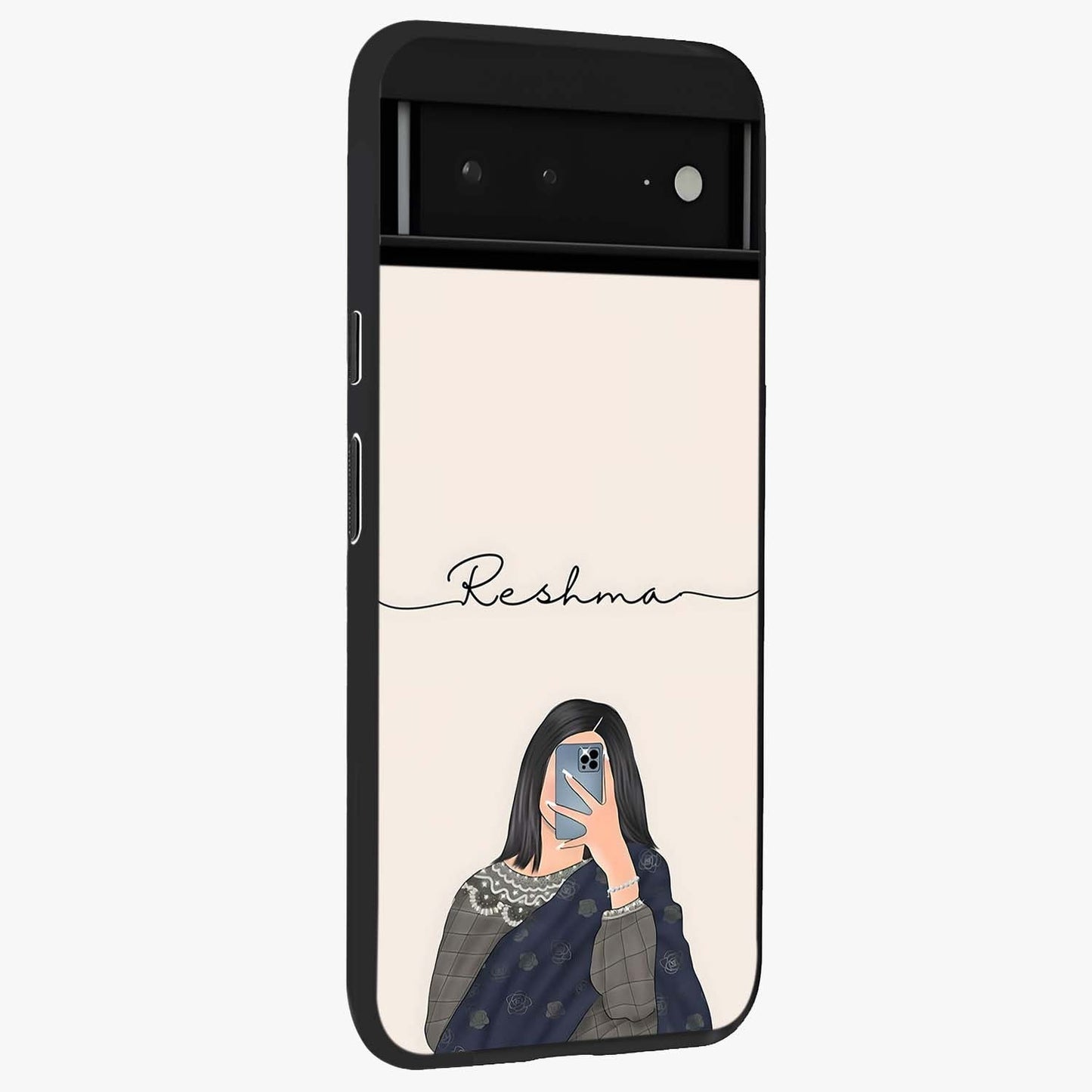 Mirror Mood Muse With Custom Name Glass Case upright view showcasing artistic mirror themed artwork with personalized aesthetic.