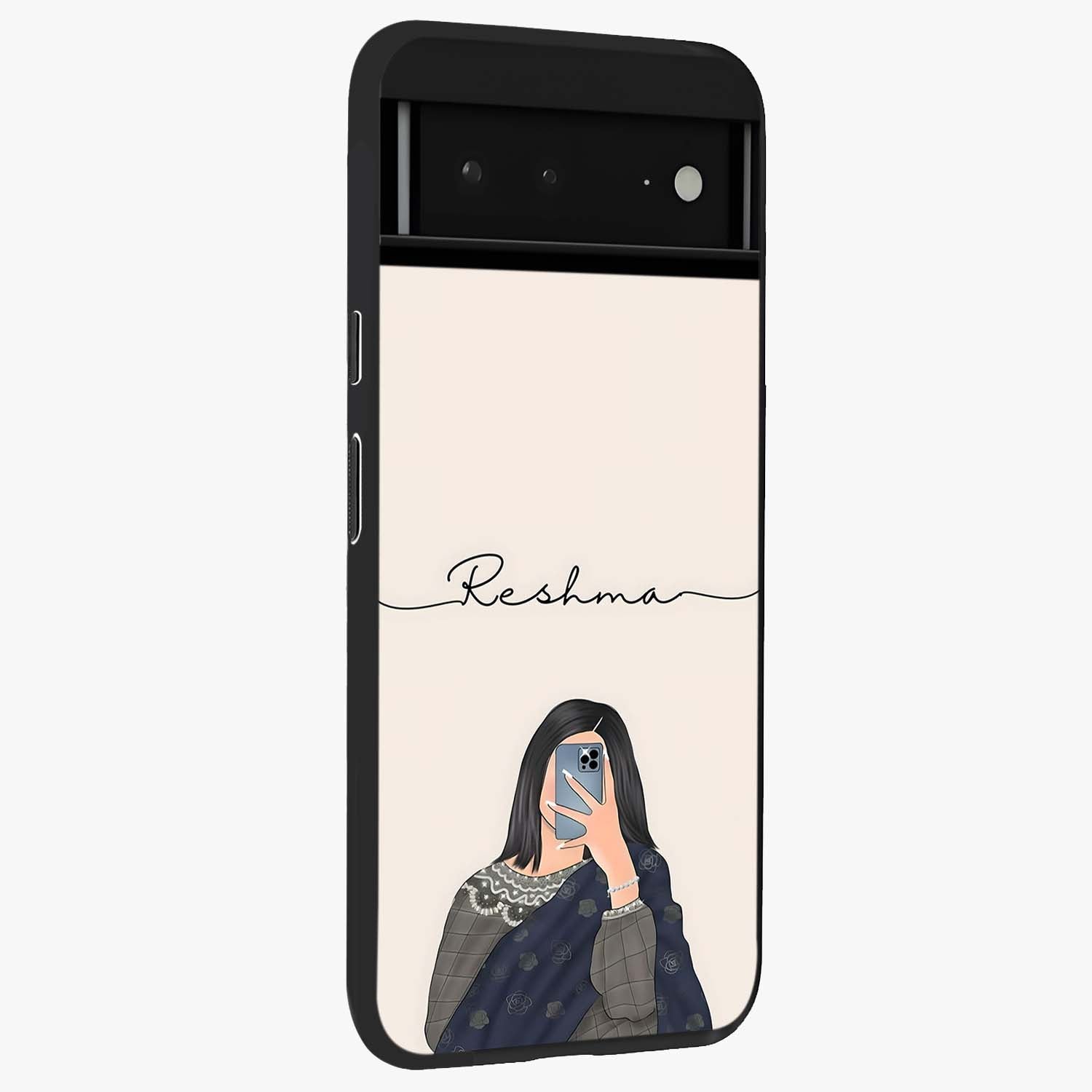 Mirror Mood Muse With Custom Name Glass Case upright view showcasing artistic mirror themed artwork with personalized aesthetic.