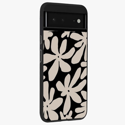 Monochrome Petal Dance Glass Case upright view showcasing artistic floral pattern with stylish monochrome theme.