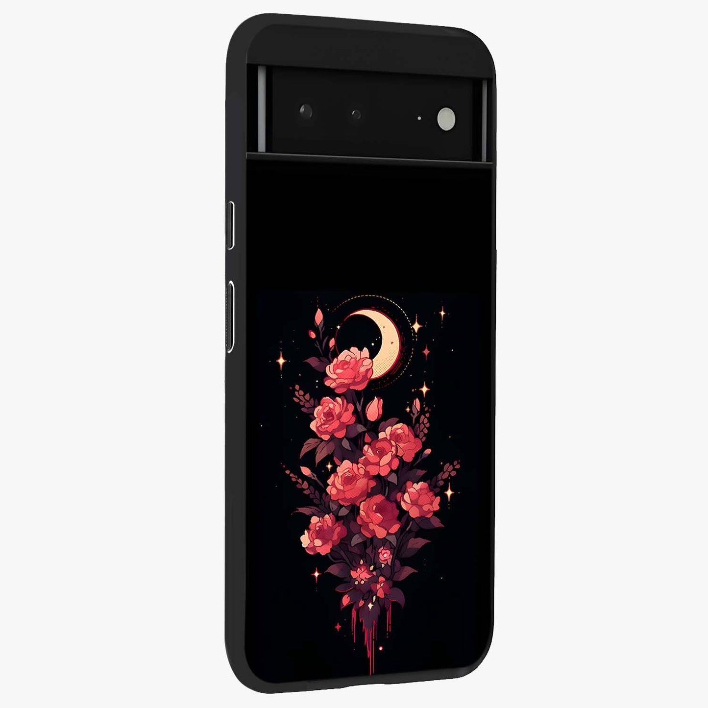 Moonlit Floral Elegance Glass Case upright view showcasing delicate floral artwork with refined night inspired theme.
