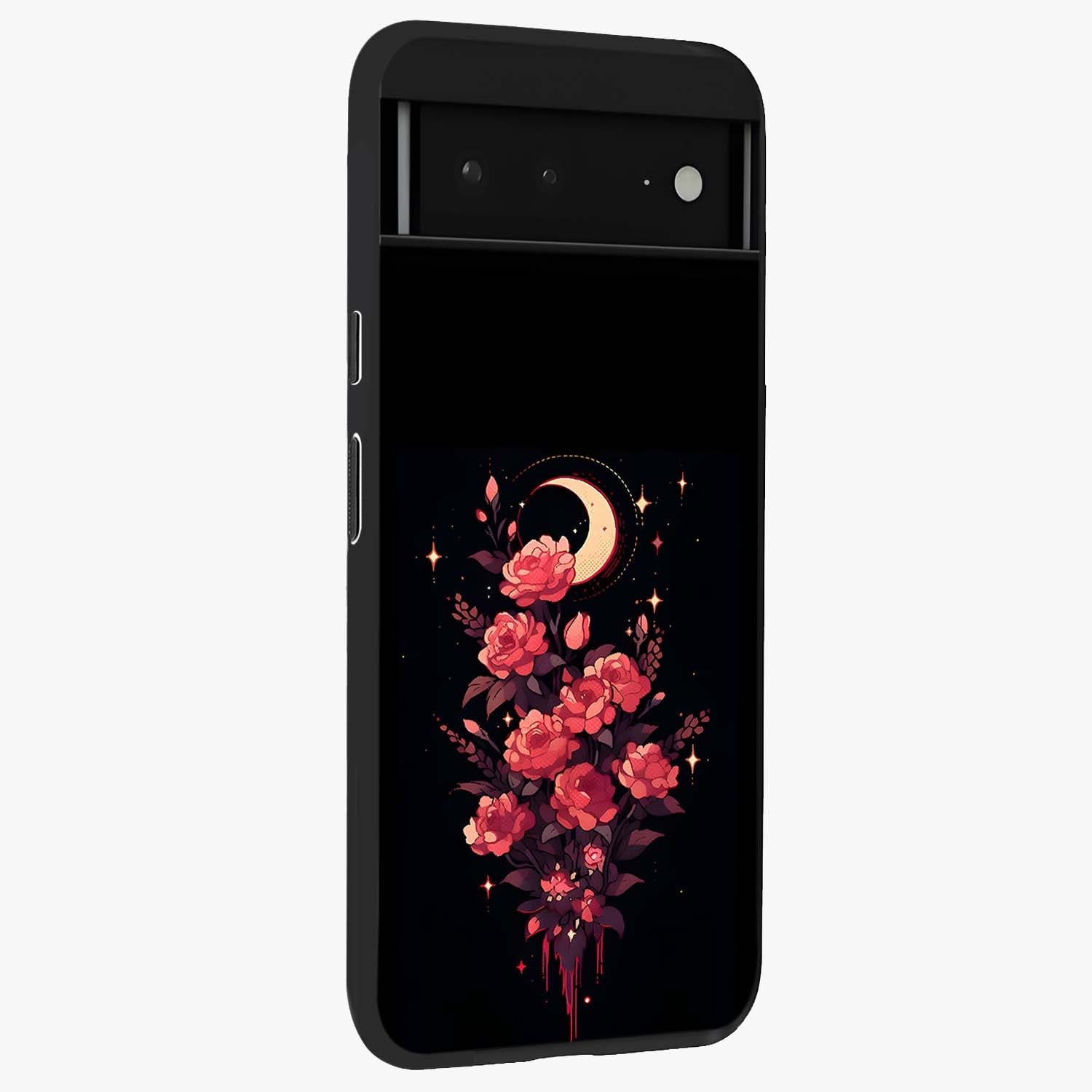 Moonlit Floral Elegance Glass Case upright view showcasing delicate floral artwork with refined night inspired theme.