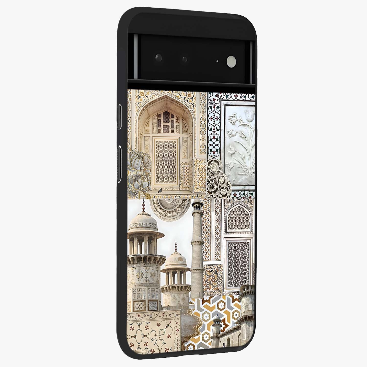 Mughal Marble Legacy Glass Case upright view showcasing ornate Mughal design with luxurious traditional theme.