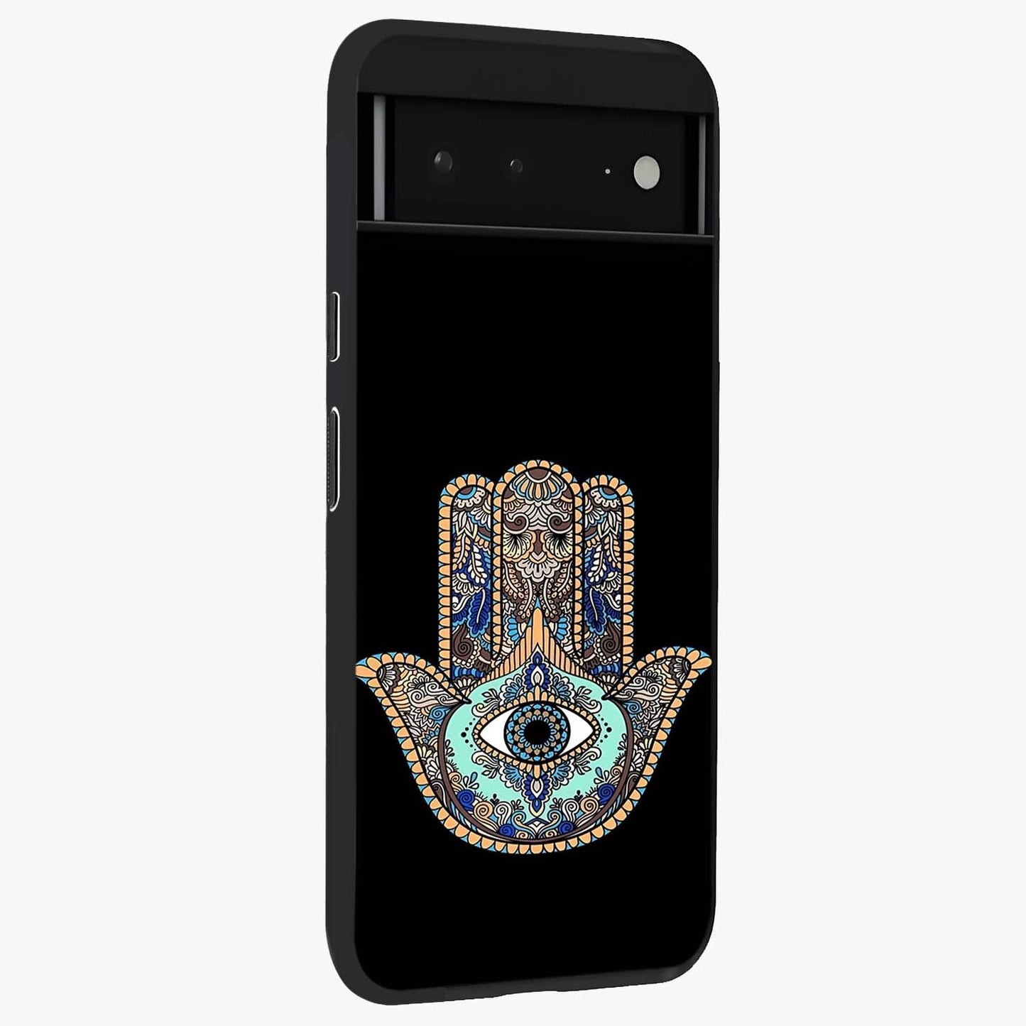 Mystic Hamsa Eye Glass Case upright view showcasing detailed hamsa eye artwork with protective spiritual theme.
