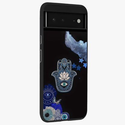 Mystic Hand Aura Glass Case upright view showcasing symbolic hand artwork with mystical energy theme.