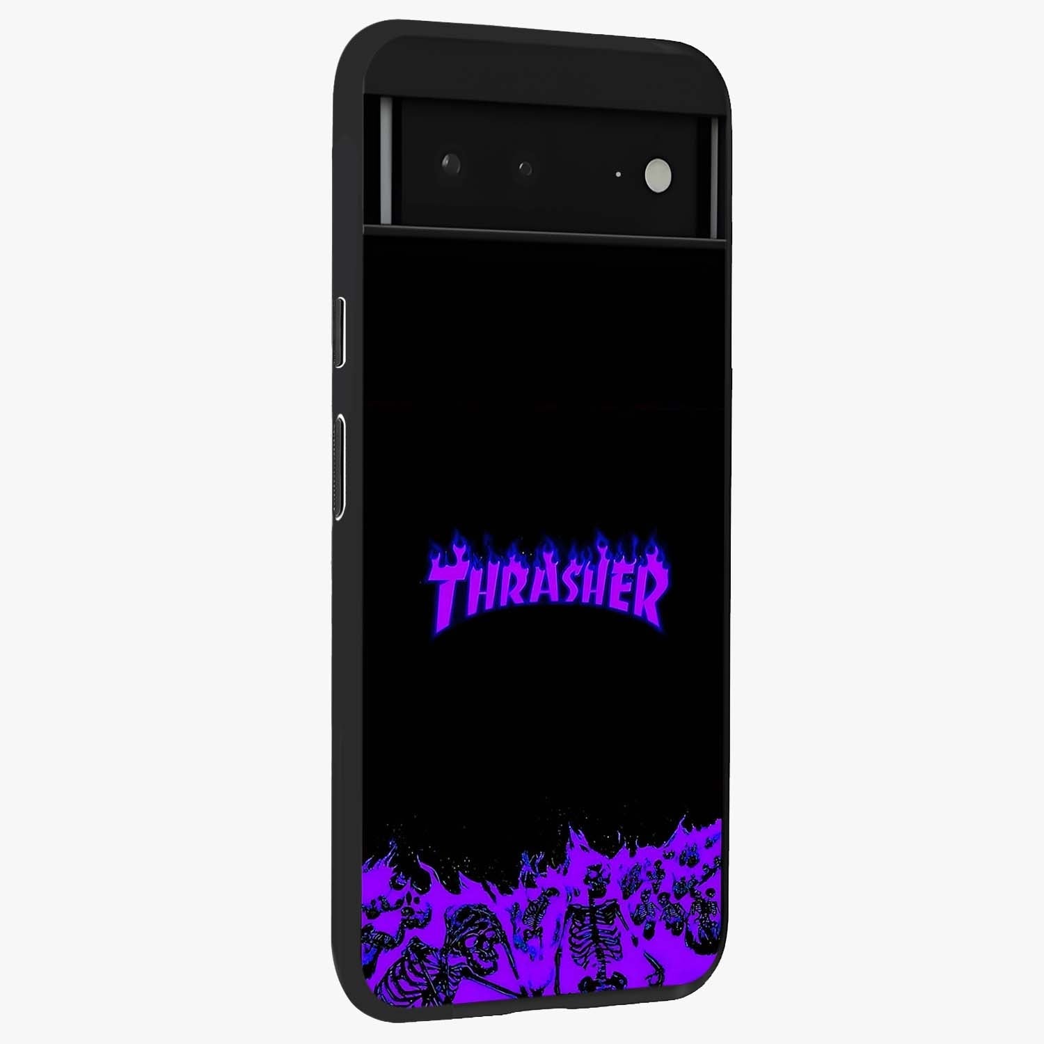 Neon Flame Riot Glass Case upright view showcasing dynamic flame artwork with energetic neon theme.