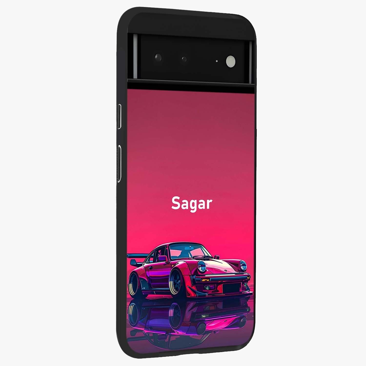 Neon Pink Porsche Glass Case upright view showcasing vibrant sports car artwork with bold automotive theme.