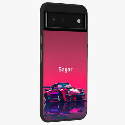 Neon Pink Porsche Glass Case upright view showcasing vibrant sports car artwork with bold automotive theme.