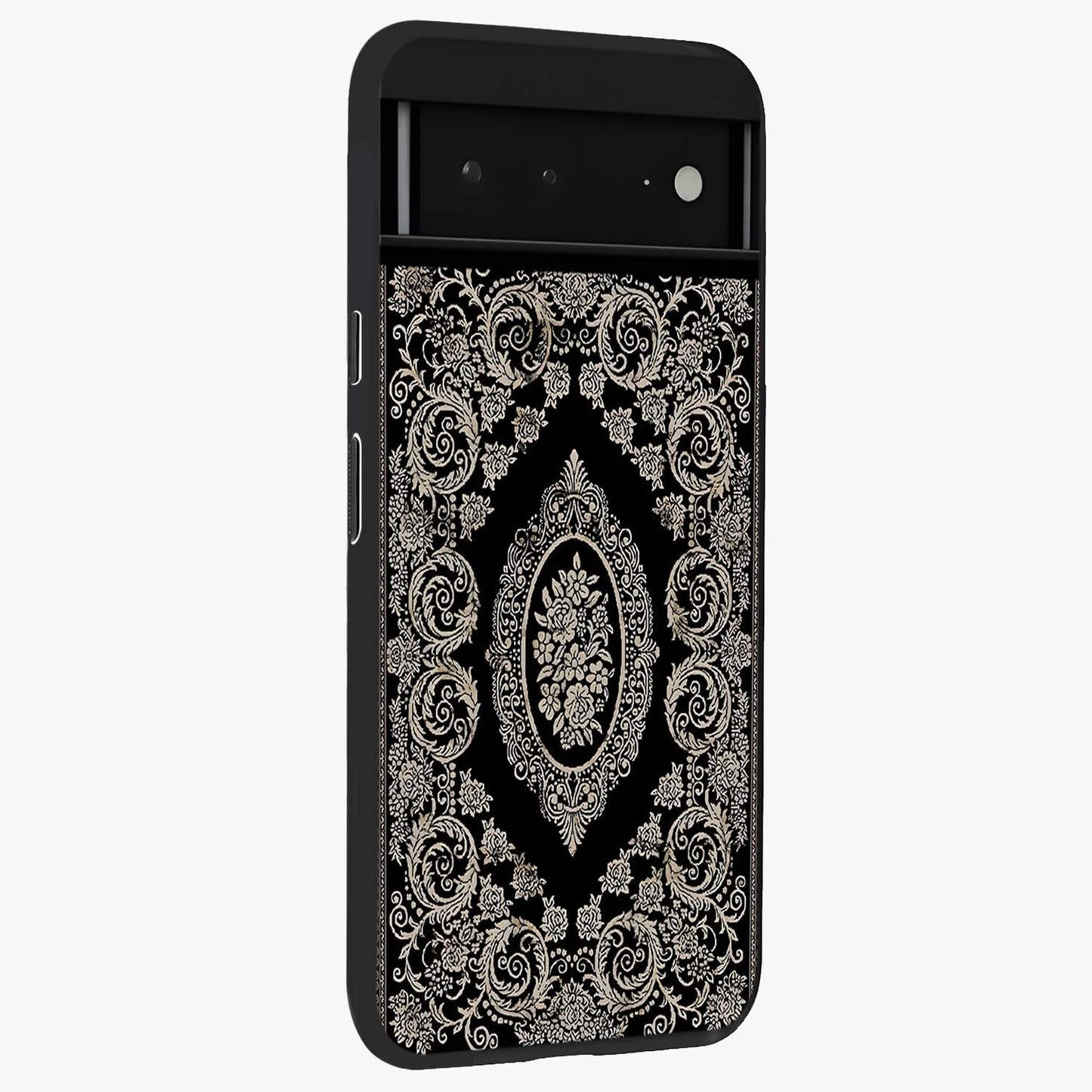 Noir Bloom Elegance Glass Case upright view showcasing graceful floral artwork with luxurious dark theme.