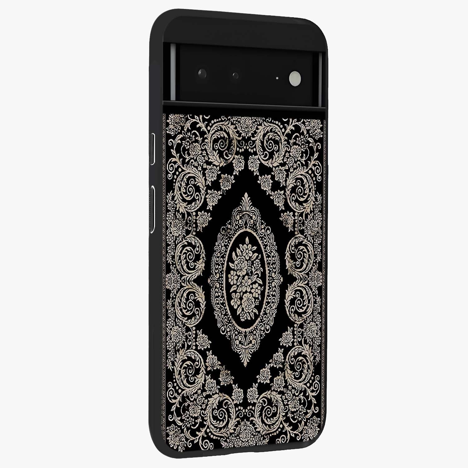 Noir Bloom Elegance Glass Case upright view showcasing graceful floral artwork with luxurious dark theme.