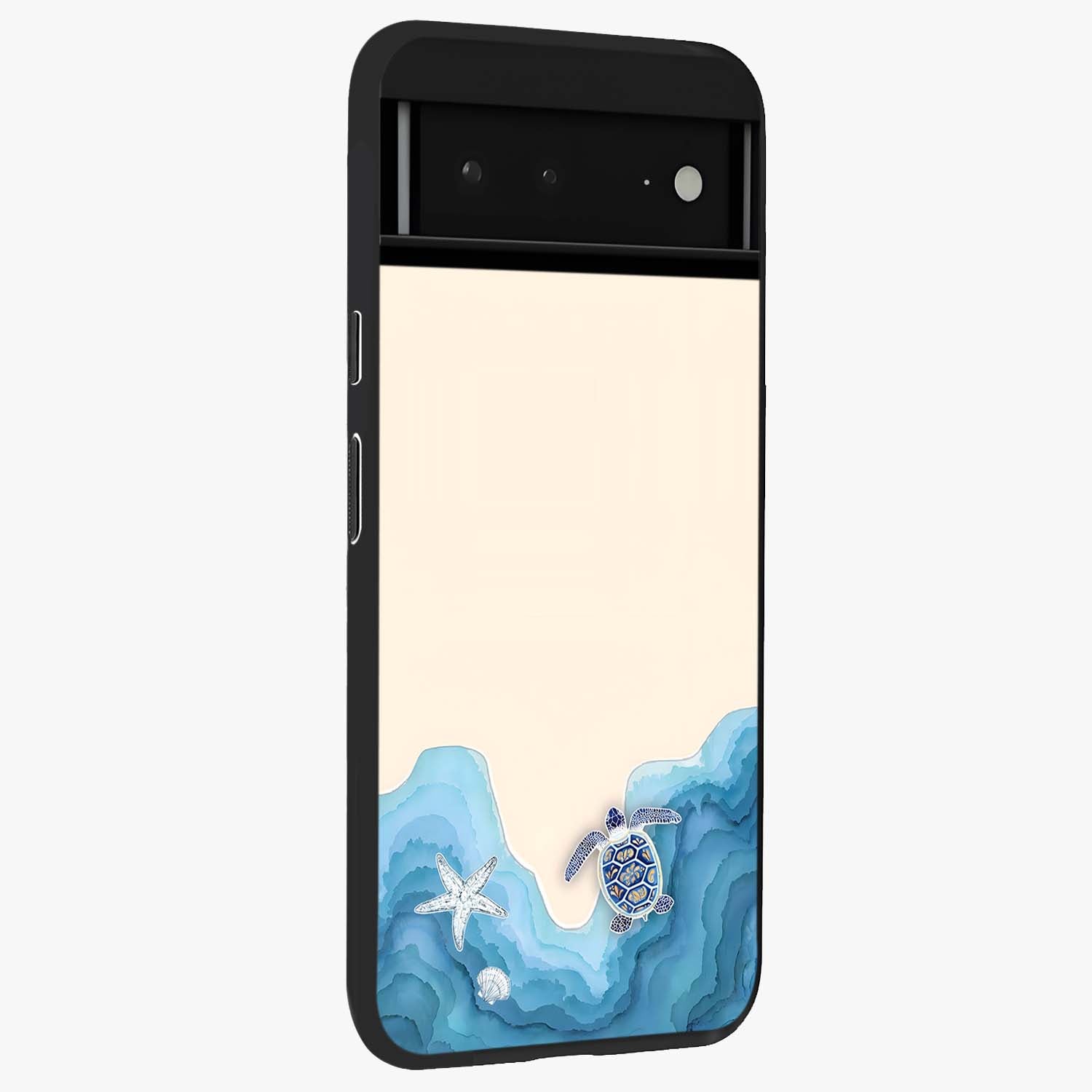 Ocean Drift Turtle Glass Case upright view showcasing calm underwater turtle artwork with nature inspired theme.