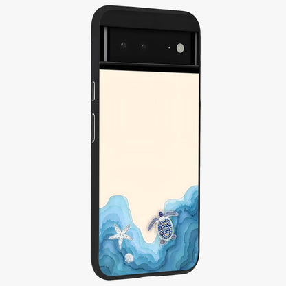 Ocean Drift Turtle Glass Case upright view showcasing calm underwater turtle artwork with nature inspired theme.
