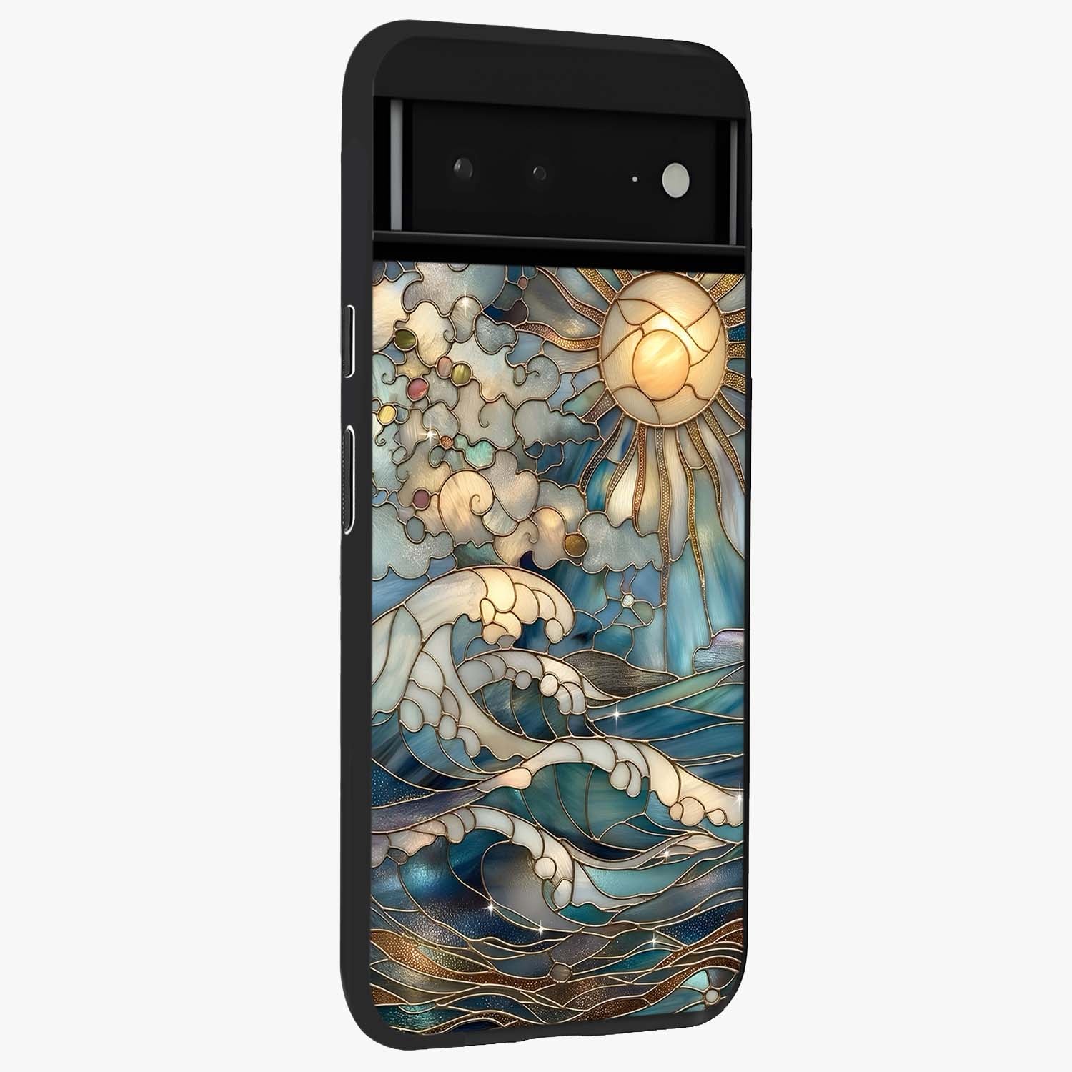 Oceanic Stained Printed Glass Case upright view showcasing decorative ocean pattern artwork with vibrant marine theme.