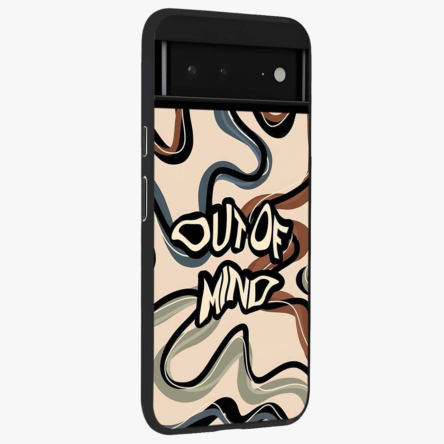 Out Of Mind Glass Case upright view showcasing striking typography artwork with edgy conceptual theme.