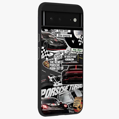 Porsche Racing Collage Glass Case upright view showcasing energetic car collage artwork with high speed racing theme.