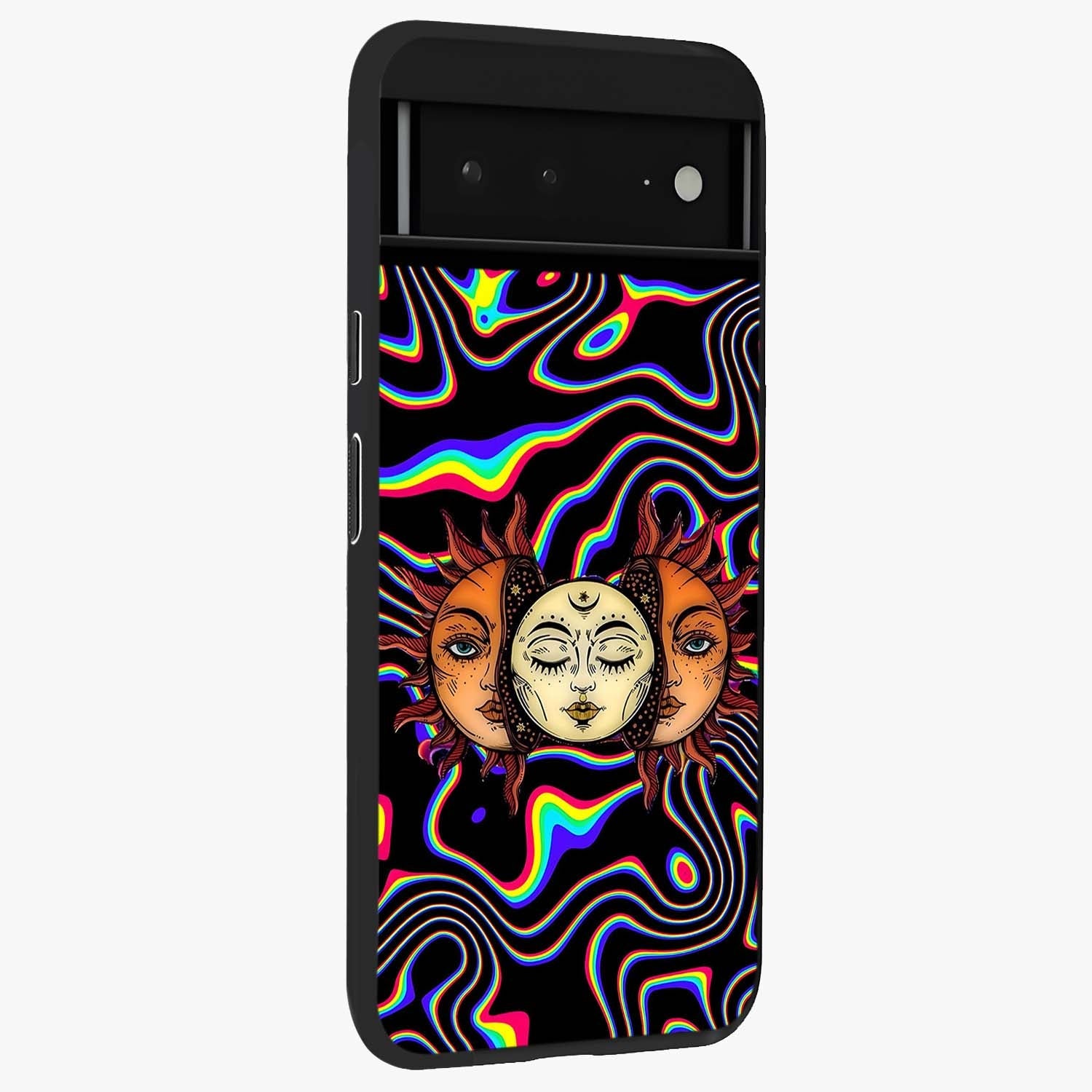 Psychedelic Sun Glass Case upright view showcasing trippy sun artwork with bold psychedelic theme.