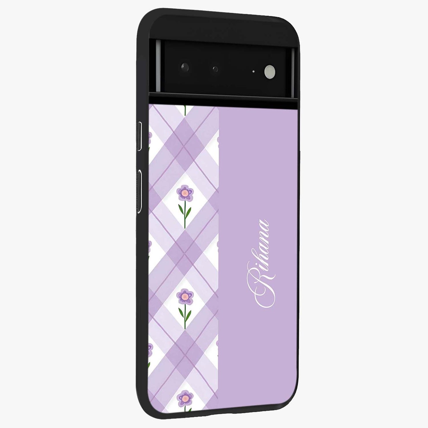 Purple Diamond Floral Glass Case upright view showcasing vibrant floral artwork with stylish geometric theme.