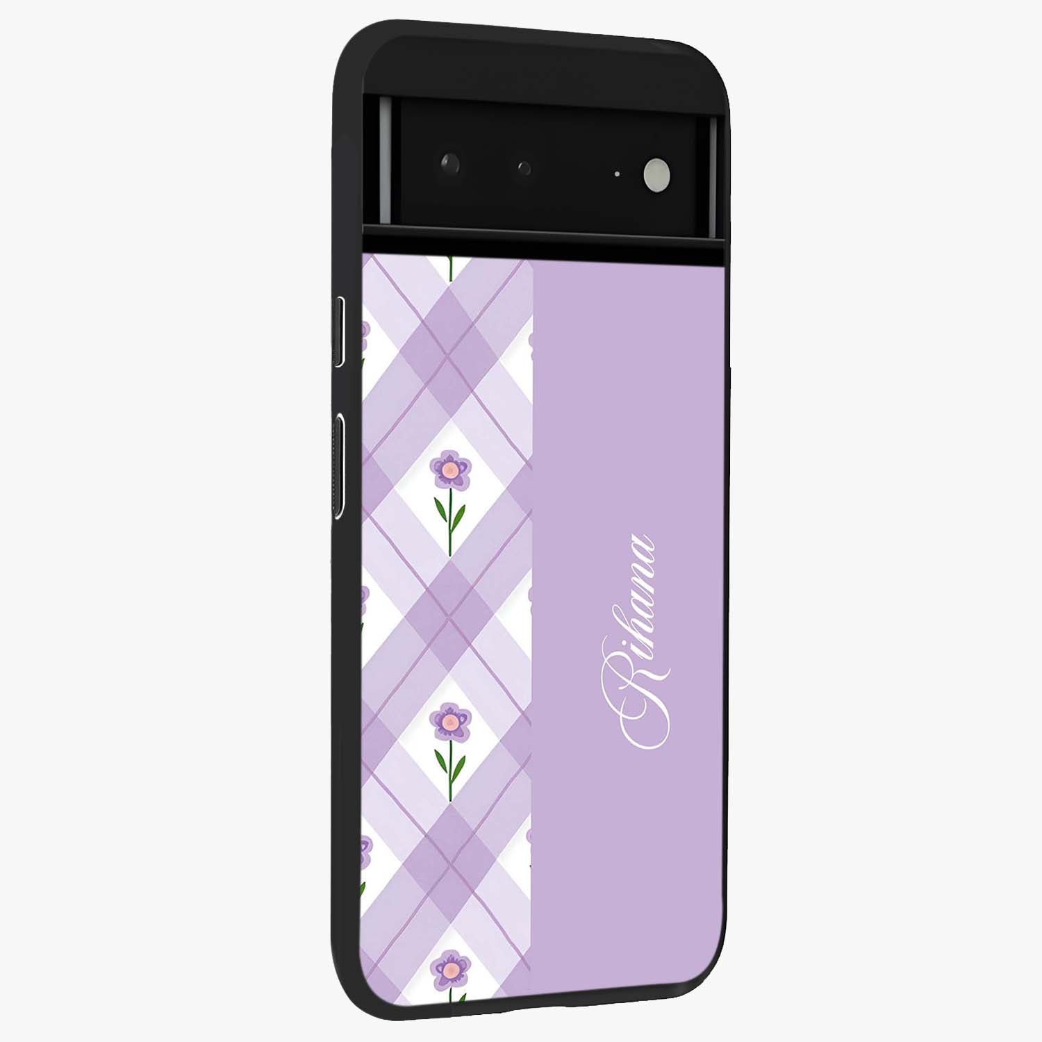 Purple Diamond Floral Glass Case upright view showcasing vibrant floral artwork with stylish geometric theme.