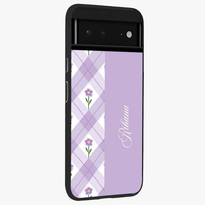 Purple Diamond Floral Glass Case upright view showcasing vibrant floral artwork with stylish geometric theme.