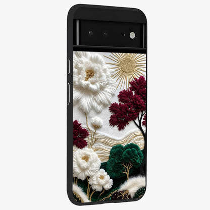 Radiant Bloom Elegance Glass Case upright view showcasing decorative flower artwork with refined botanical theme.