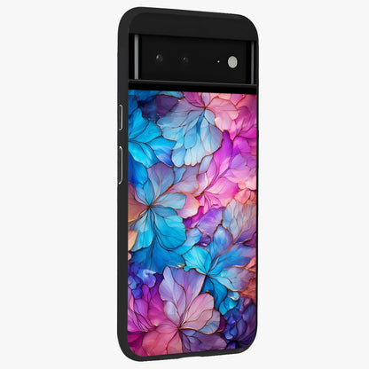 Radiant Floral Whirl Glass Case upright view showcasing lively floral artwork with decorative swirl theme.