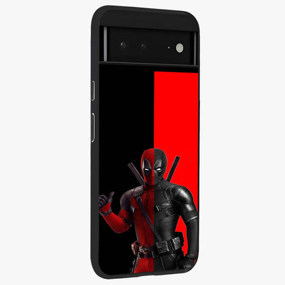 Red & Black Deadpool Theme Glass Case upright view showcasing energetic comic themed artwork with striking red and black design.